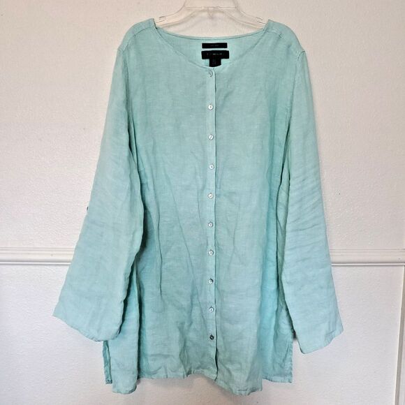 Tahari 100% Linen Button up Shirt Roll Tab Sleeve Green Women's Size 1X Tunic - Picture 1 of 16